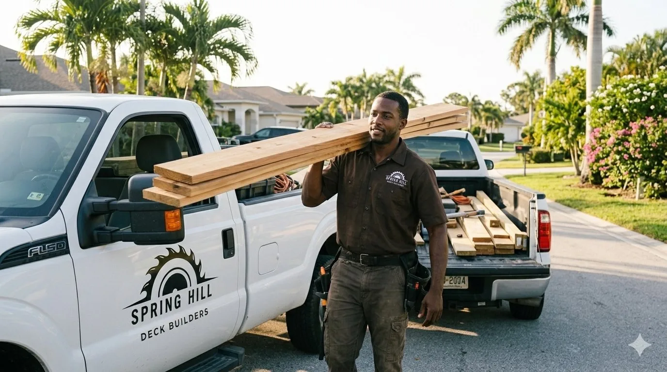 Spring Hill Deck Builders crew unloading lumber at a job site