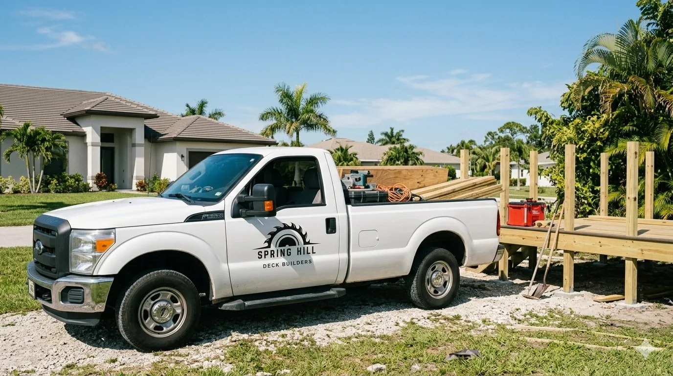 Spring Hill Deck Builders work truck at a deck repair job site in Spring Hill FL